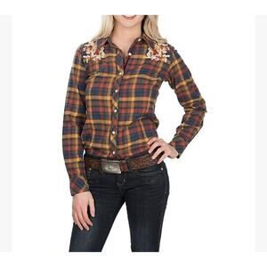 Grace in LA plaid floral embroidered flannel button down sz large